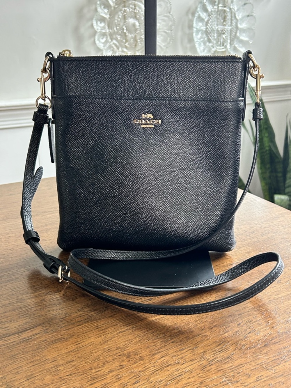 COACH Kitt Black Gold Crossgrain Leather Messenger Crossbody Bag 41320